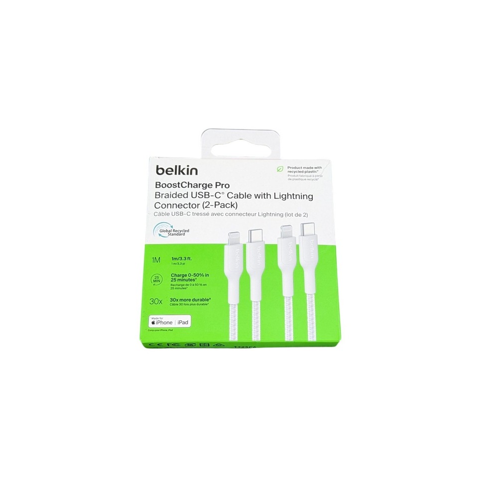 Aa3O Belkin BoostCharge Pro (2 Pack) USB-C Cable to Lighting 3.3‎ ft White